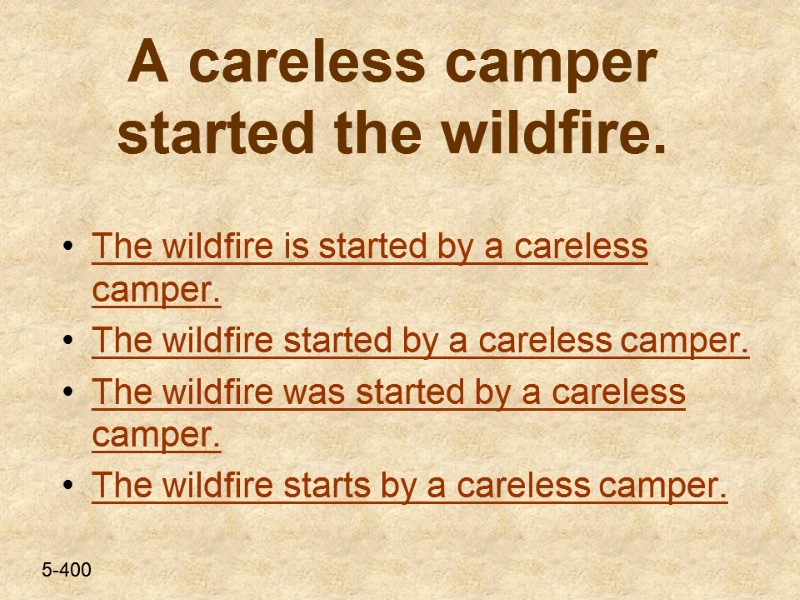 A careless camper started the wildfire.  The wildfire is started by a careless